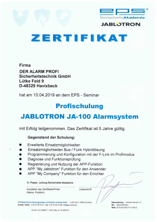 Zertifikat Profischulung Jablotron JA-100 Alarmsystem