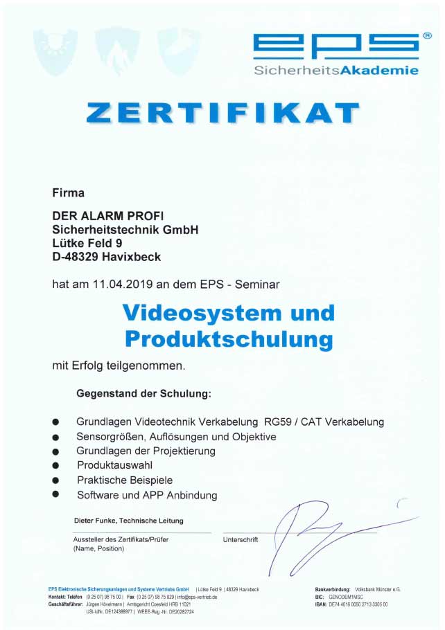 Zertifikat Videosystem und Produktschulung