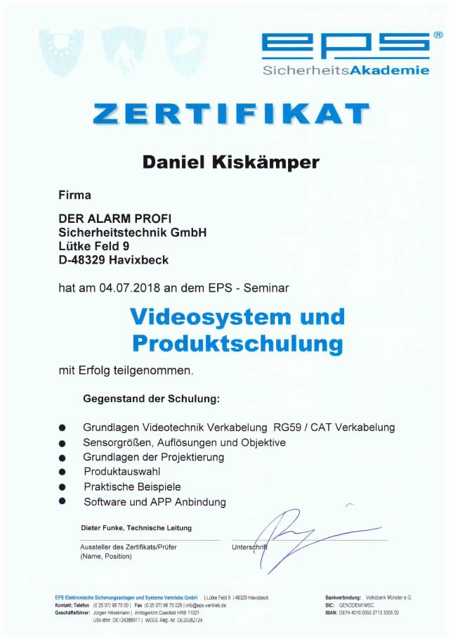 Zertifikat Videosystem und Produktschulung