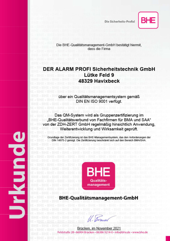 Urkunde BHE-Qualitätsmanagement-GmbH