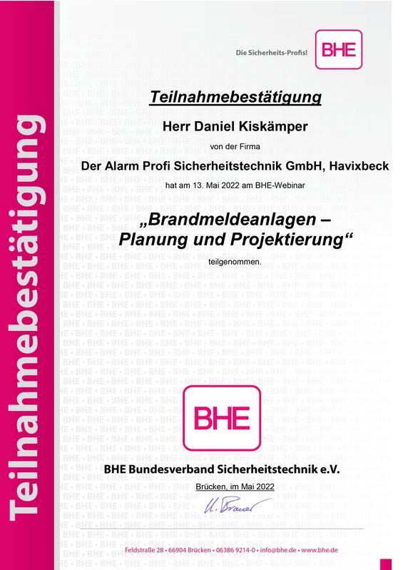 Teilnahmebestätigung BHE-Qualitätsmanagement-GmbH