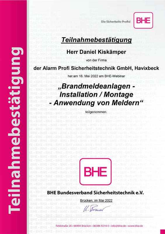 Teilnahmebestätigung BHE-Qualitätsmanagement-GmbH
