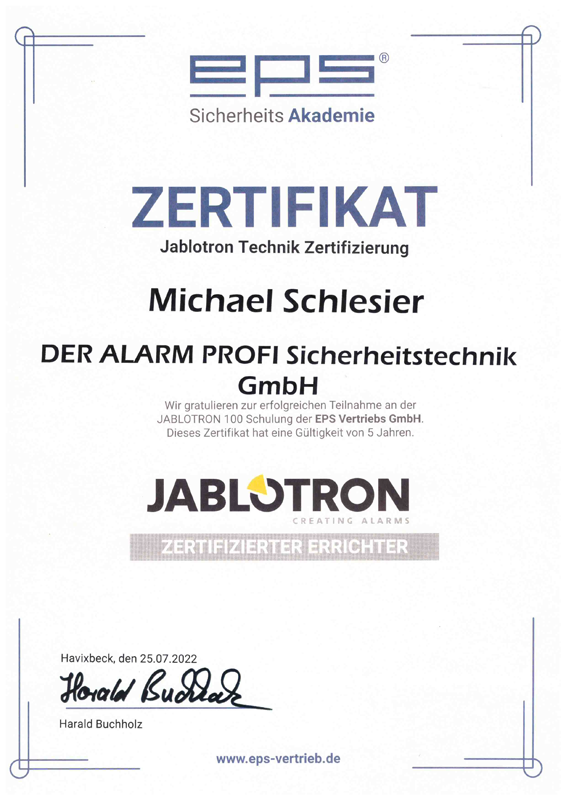 Zertifikat Teilnahme Jablotron Technik Zertifizierung - Michael Schlesier