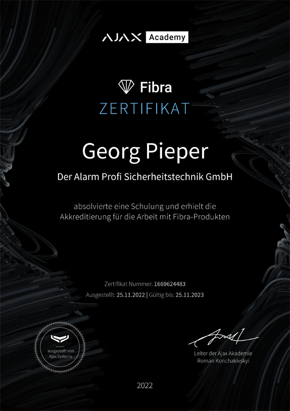 Ajax Fibra Zertifikat für die Arbeit mit Fibra-Produkten - Georg Pieper