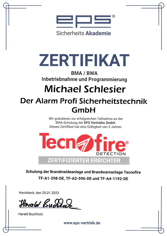 Zertifikat Tecnofire Michael Schlesier