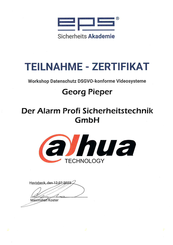 Teilnahme-Zertifikat Georg Pieper für eine Schulung zum Thema DSGVO-konforme VÜA
