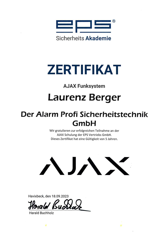Teilnahme-Zertifikat für Laurenz Berger für eine Schulung zum Thema AJAX Funksystem