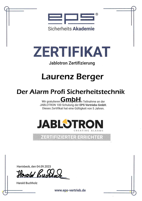 Zertifikat für Laurenz Berger zur erfolgreichen Teilnahme an der Zertifizierungsschulung von Jablotron